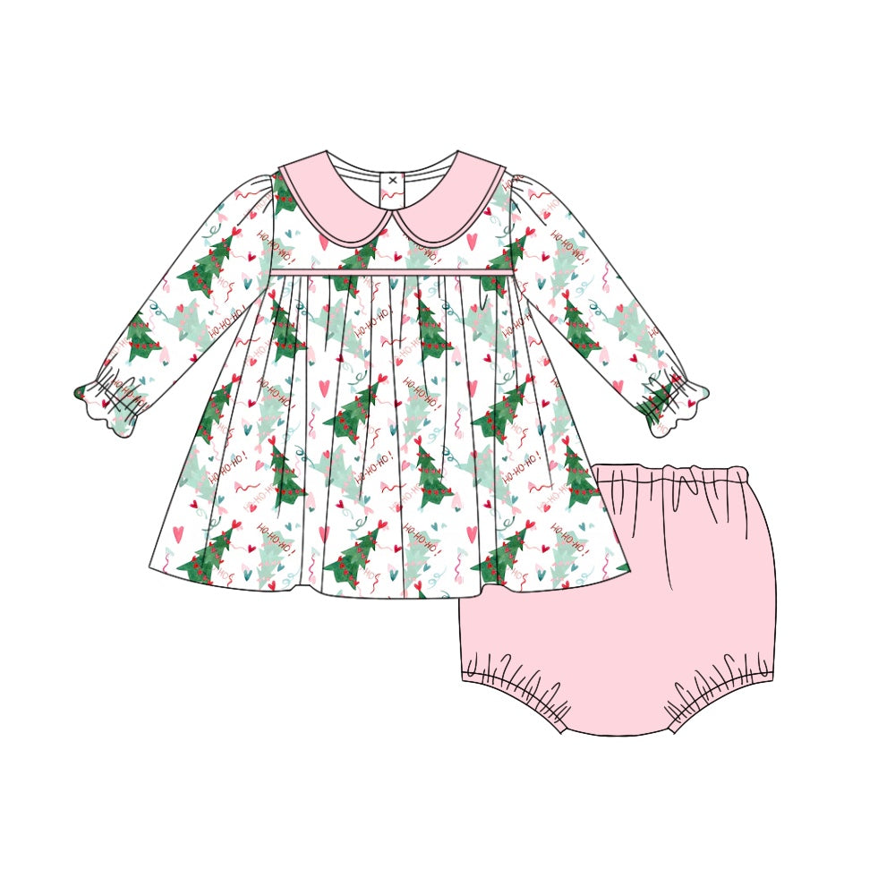 6.25 custom each style moq 5eta 4-6week Sibling Sister Christmas trees pink baby girls sets and dress and briefs sets match family design