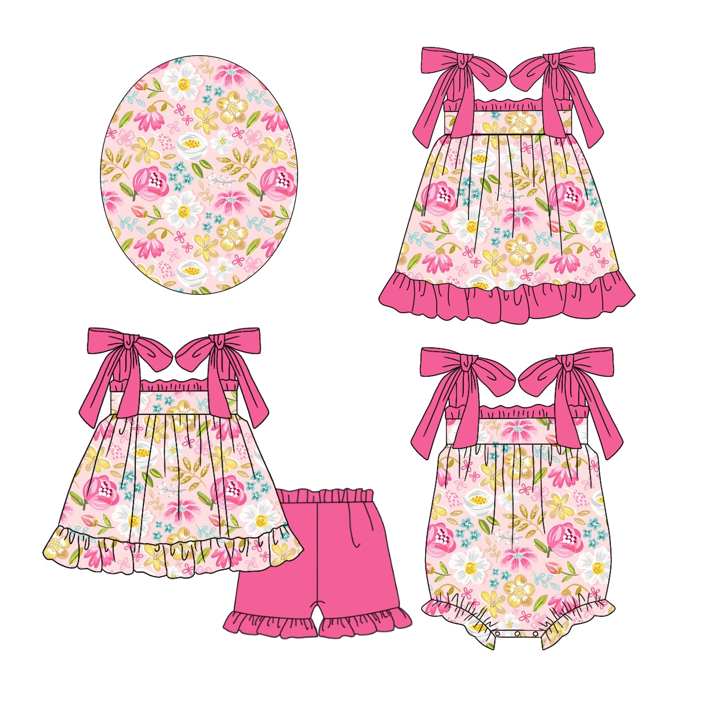 11.25 custom each style moq 5eta 4-6week Sibling Sister floral baby girl short sleeve shorts sets and dress and rompers match family design