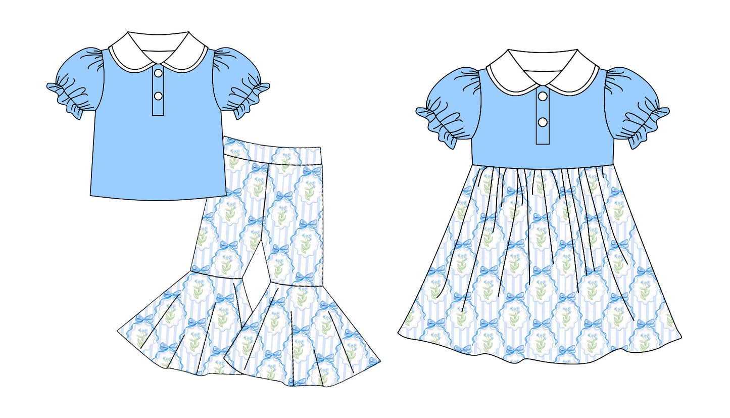 11.13 custom each style moq 5eta 4-6week Sibling Sister floral blue baby girls sets and dress match family design