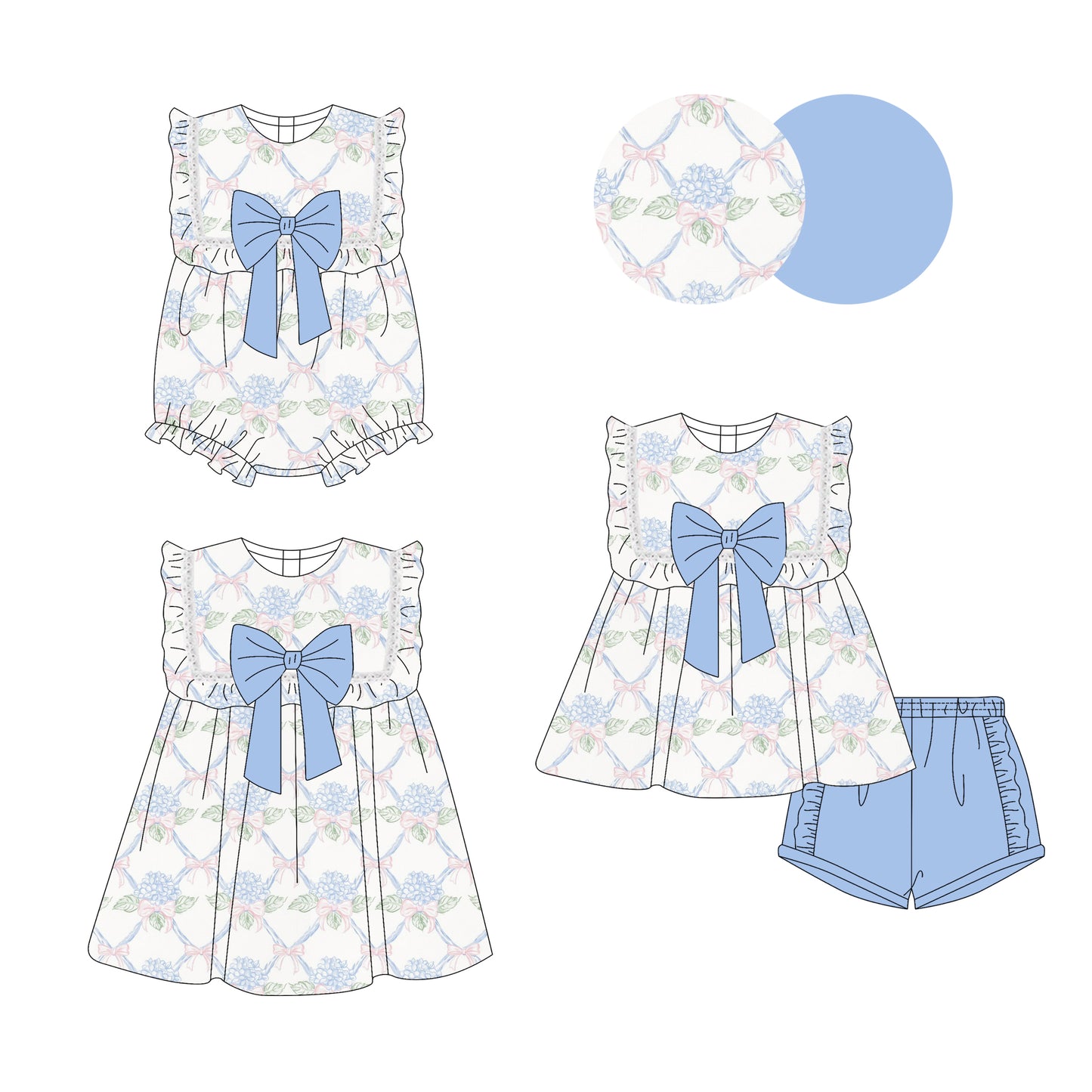 3.14 custom each style moq 5eta 4-6week Sibling Sisters bow floral baby girl short sleeve shorts sets and dress and rompers match family design