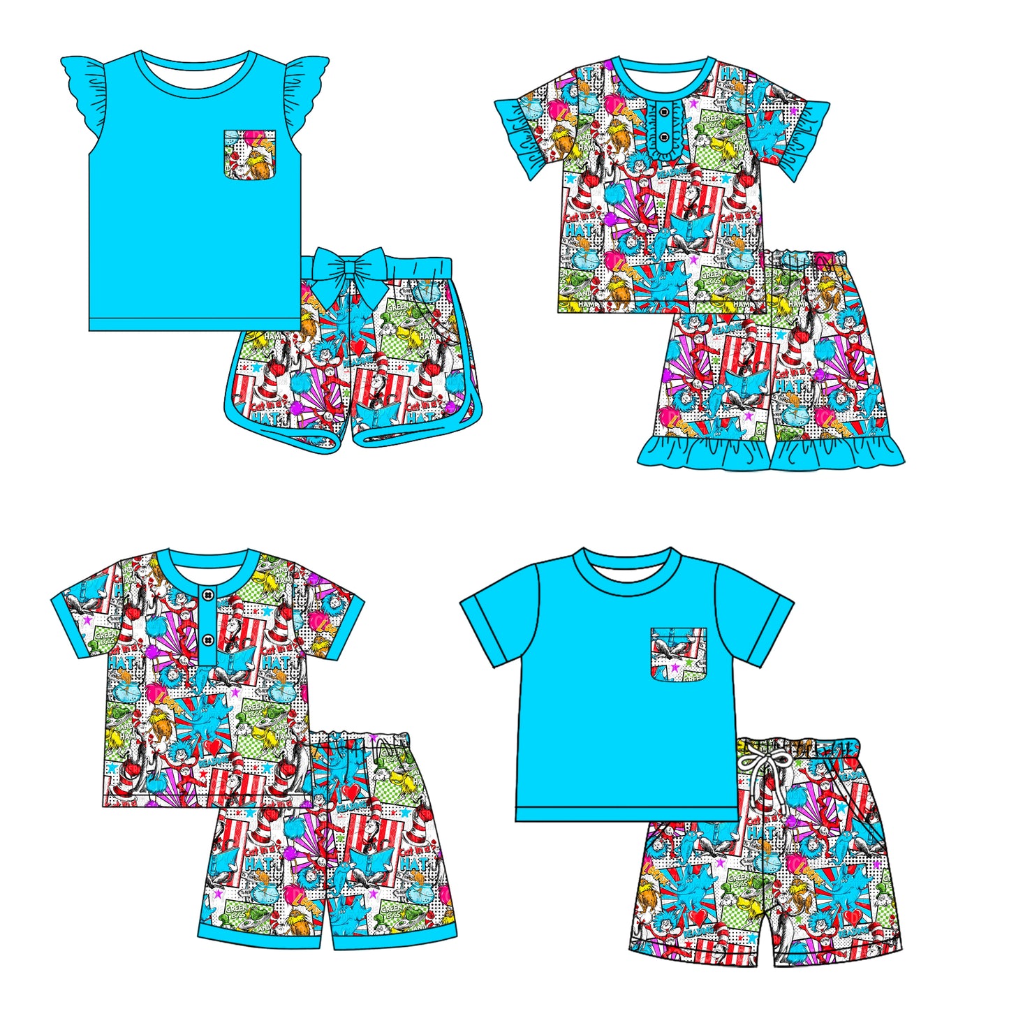 12.21 custom each style moq 5eta 4-6week Sibling Sister dr seuss baby boy short sleeve shorts sets 1 and sets 2 and set 3 match design