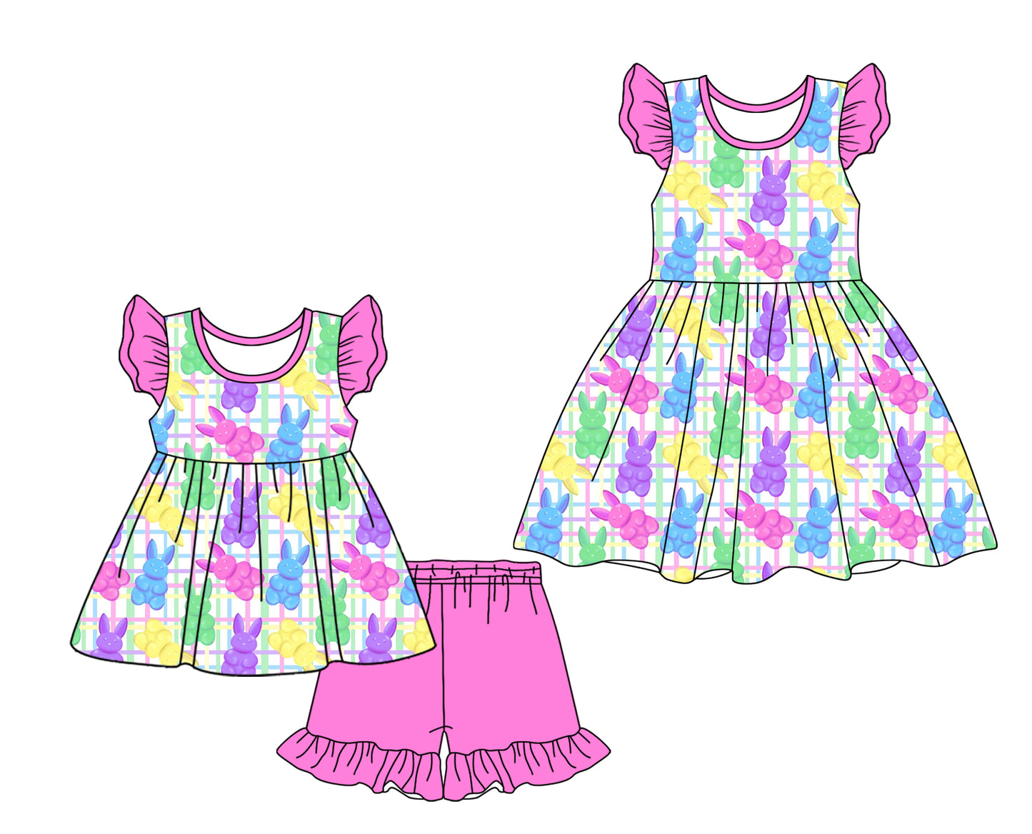25.10.10 custom each style moq 5 eta 6-8week Sibling Sister bunny baby girl short sleeve shorts sets and dress match design
