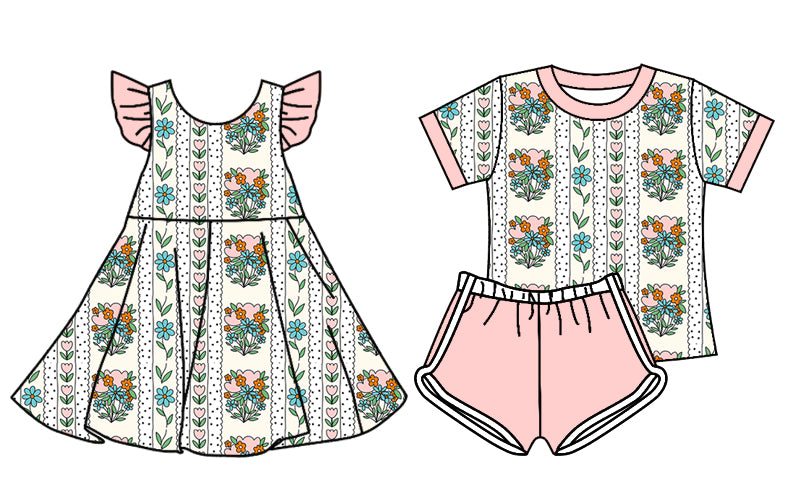 4.18 custom each style moq 5eta 4-6week Sibling Sister floral baby girl short sleeve shorts sets and dresses match design