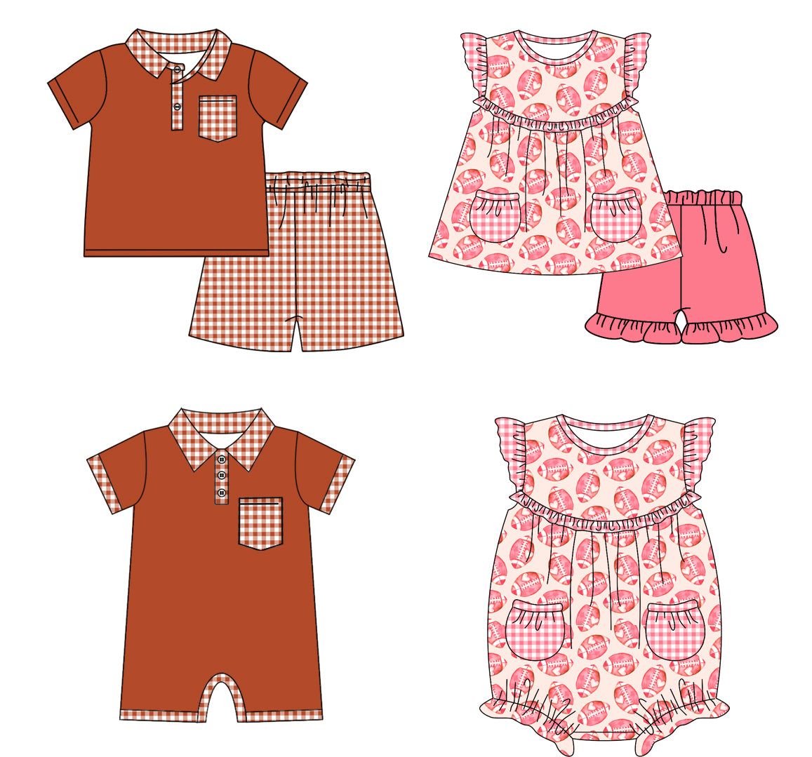 11.18 custom each style moq 5eta 4-6week Sibling Sister rugby baby girl short sleeve shorts sets and sets 2 and girls romper and boy romper match design