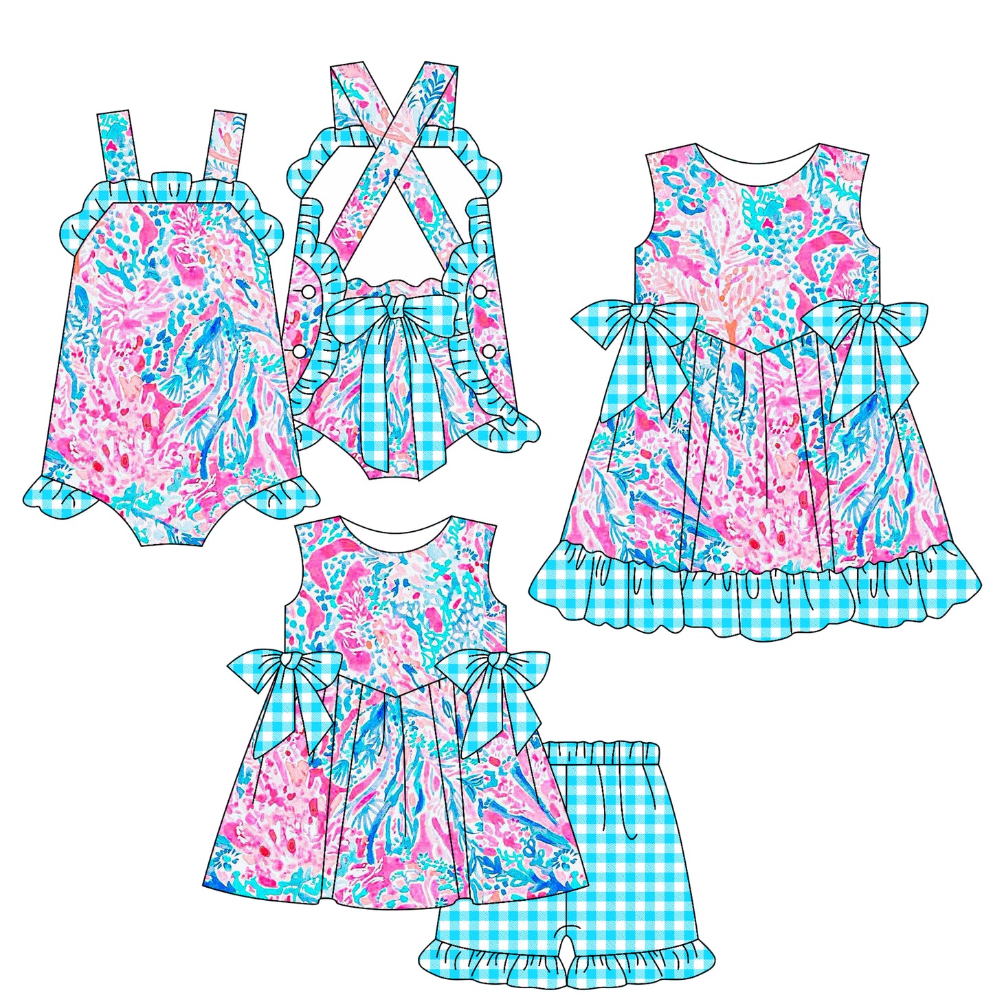 2.17 custom each style moq 5eta 4-6week Sibling Sisters baby girl short sleeve shorts sets and dress and rompers match family design