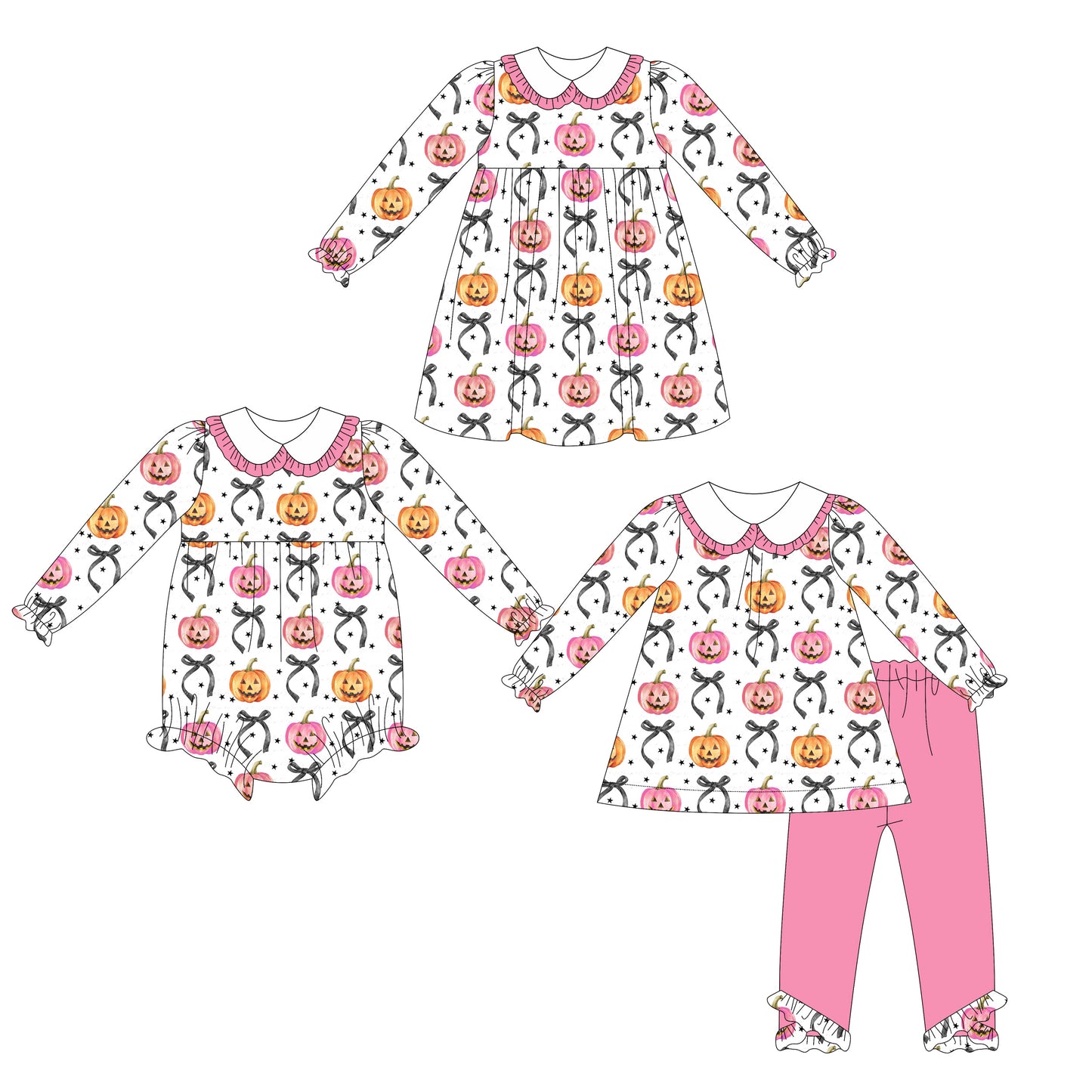 25.5.16 custom each style moq 5eta 4-6week Sibling Sisters pumpkin bow baby girl long sleeve pants sets and dress and rompers match family design