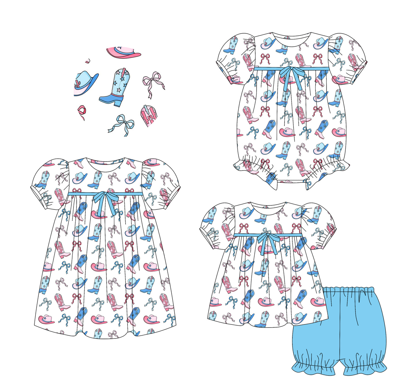 25.5.25 custom each style moq 5eta 4-6week Sibling Sisters bow boots baby girl short sleeve shorts sets and dress and rompers match family design