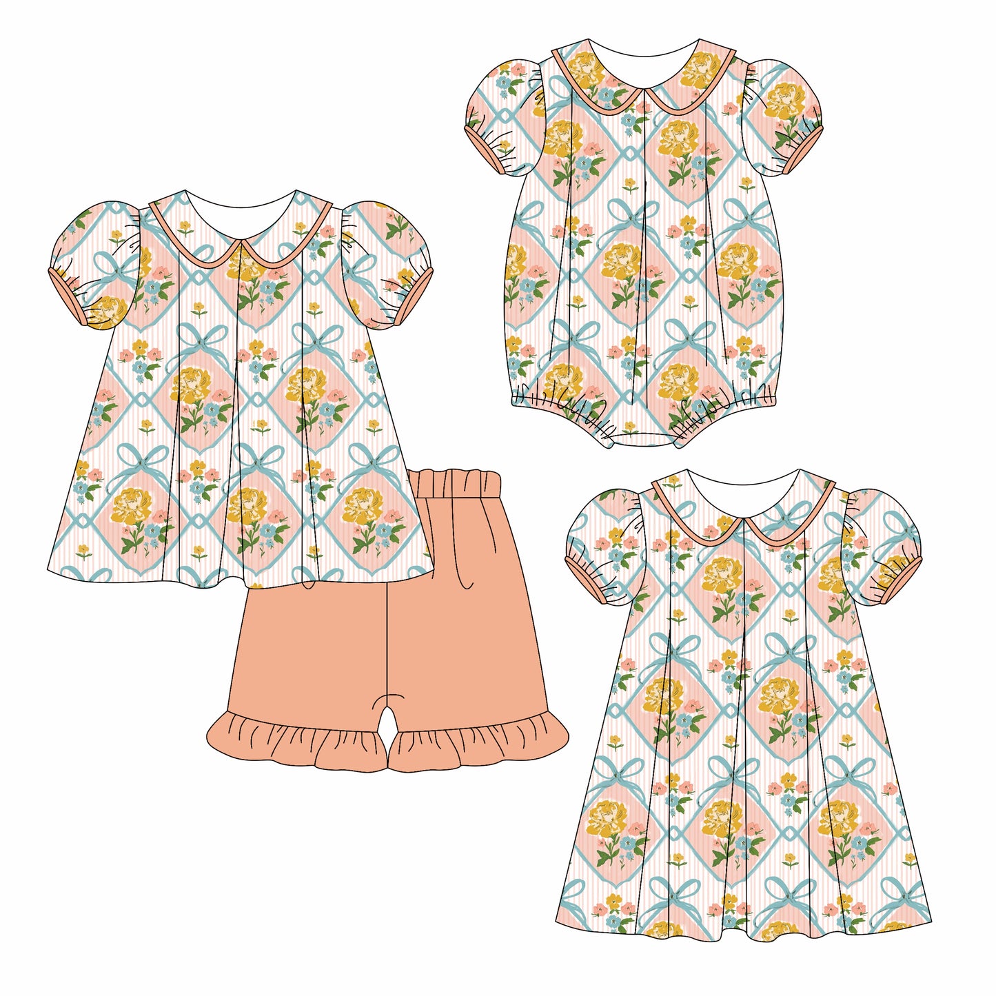 3.6 custom each style moq 5eta 4-6week Sibling Sisters bow floral baby girl short sleeve shorts sets and dress and rompers match family design