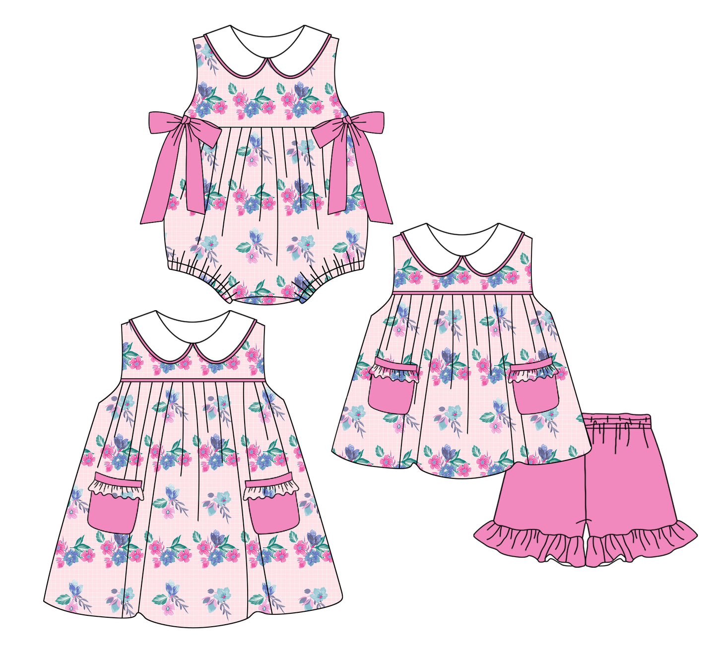 2.25 custom each style moq 5eta 4-6week Sibling Sisters floral baby girl short sleeve shorts sets and dress and rompers match family design