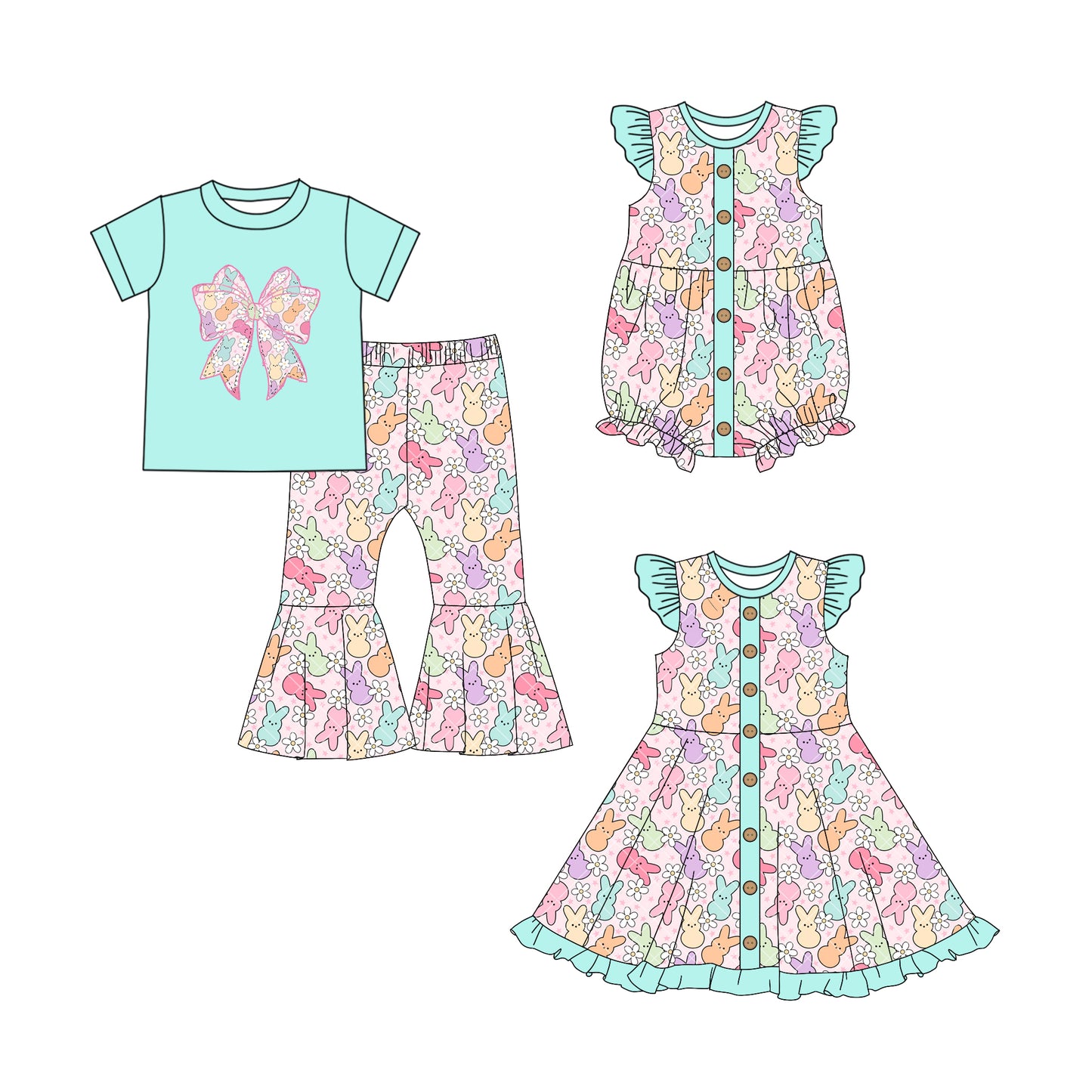 25.10.1 custom each style moq 8 eta 6-8week Sibling Sisters easter bow baby girl short sleeve pants sets and dress and rompers match family design