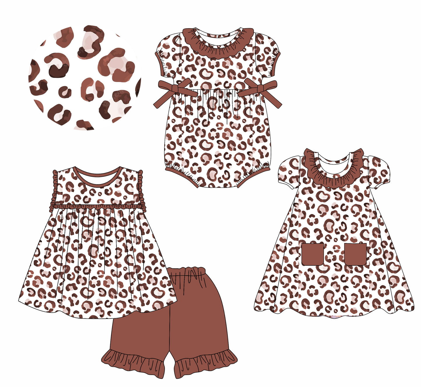 2.13 custom each style moq 5eta 4-6week Sibling Sisters leopard baby girl short sleeve shorts sets and dress and rompers match family design