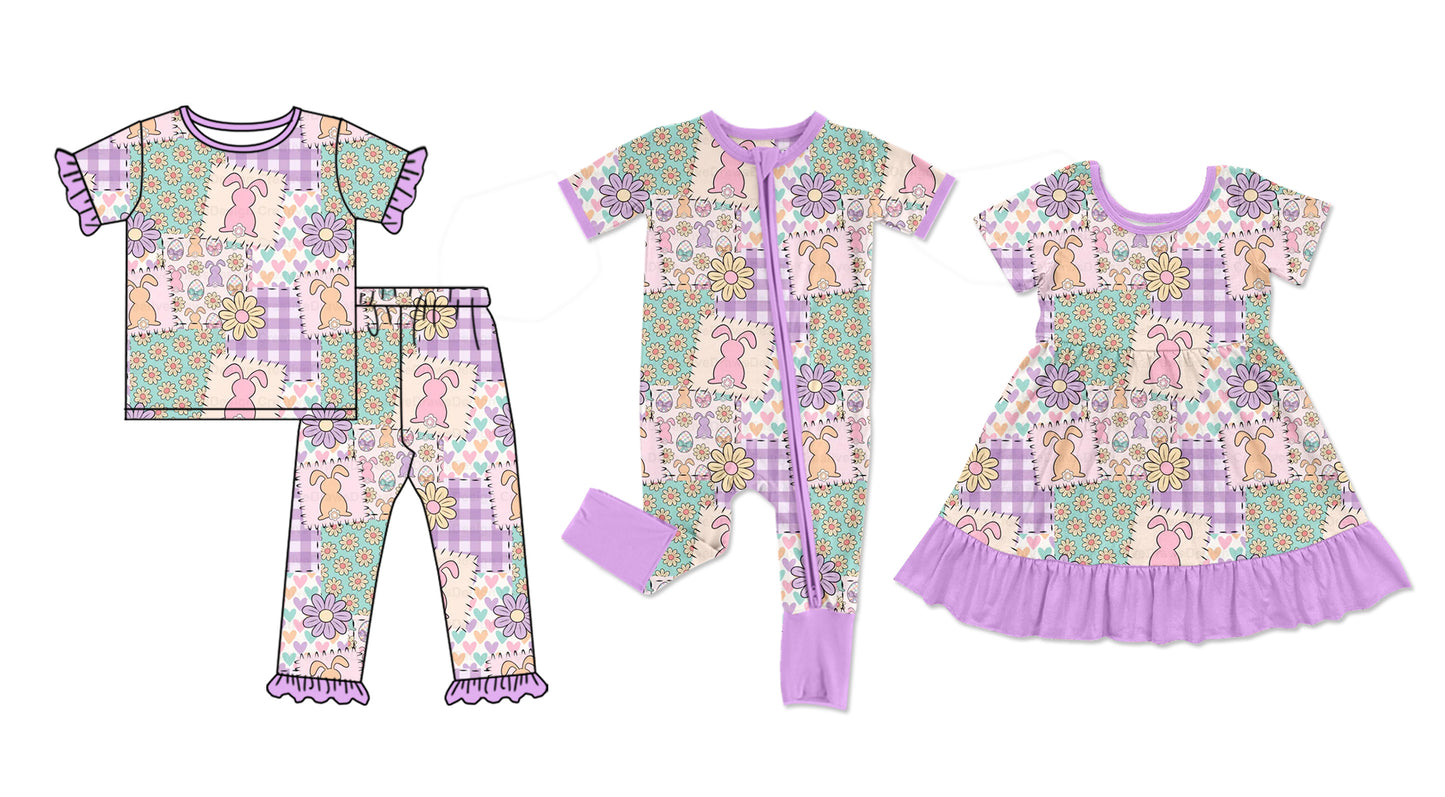 25.10.4 custom each style moq 8 eta 6-8week Sibling Sisters bunny floral baby girl short sleeve pants sets and dress and rompers match family design