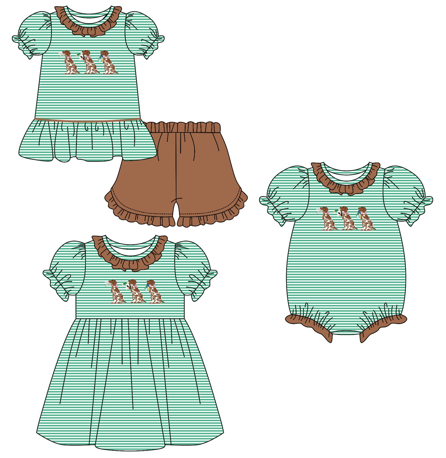 25.10.23 custom each style moq 5 eta 6-8week Sibling Sister puppy duck baby short sleeve shorts sets and romper and dress match design