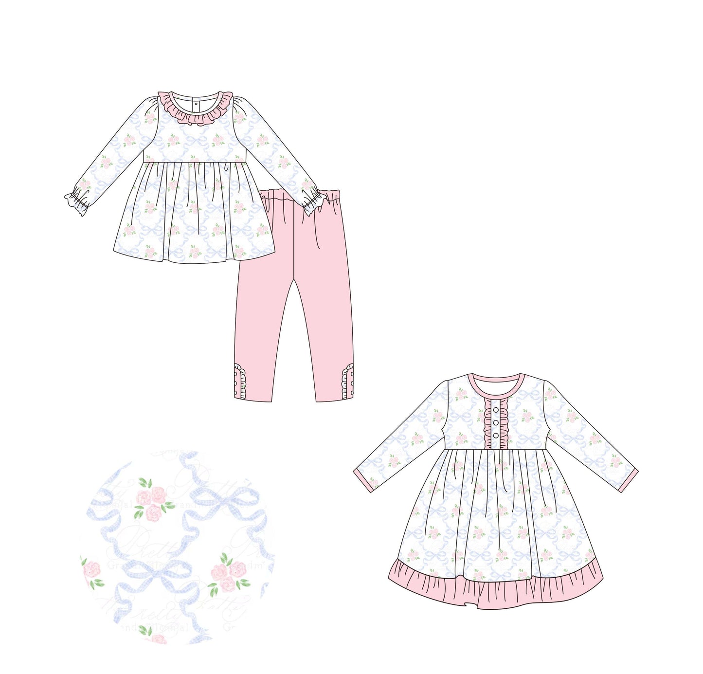 5.17custom each style moq 5eta 4-5week Sibling Sister flower print pink girls set and dress match family design