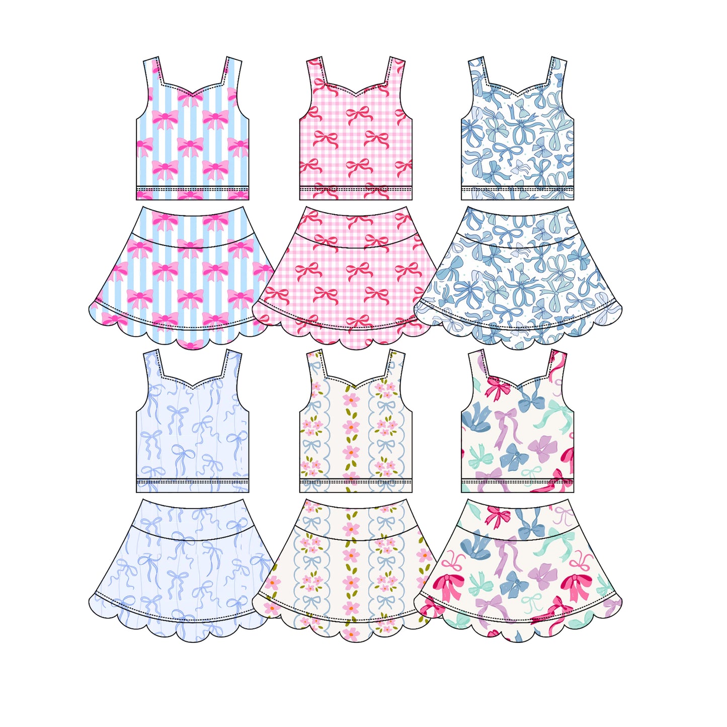 3.14 Custom moq 5 mix size Sibling Baby Girls Bow Sleeveless Top Scallop Skirt Short Yoga Active Clothes Set