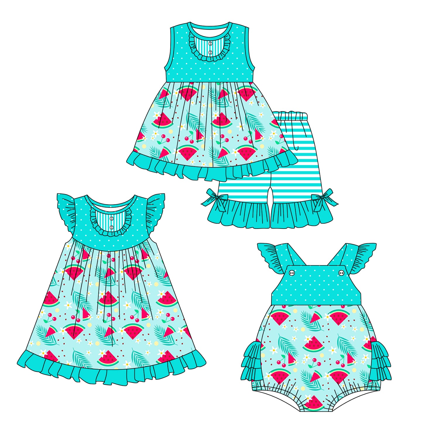2.18 custom each style moq 5eta 4-6week Sibling Sisters watermelon baby girl short sleeve shorts sets and dress and rompers match family design