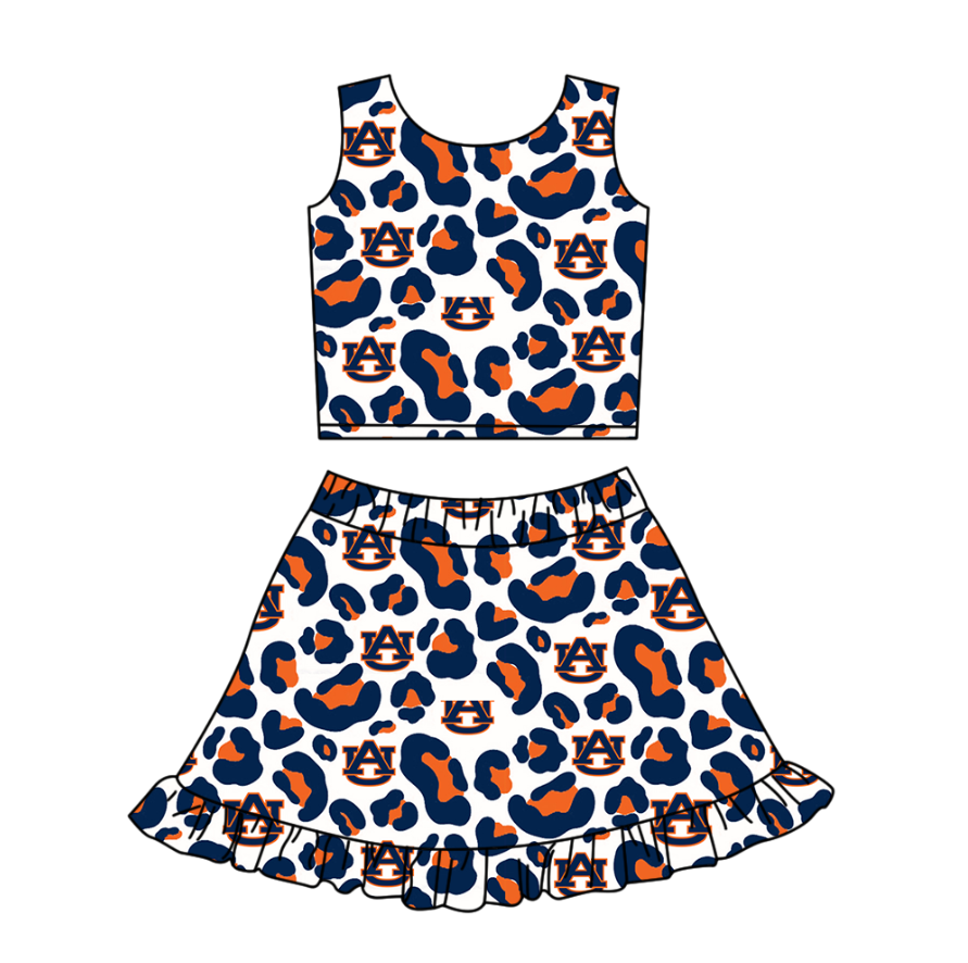 Custom moq 5 mix size milk silk summer teams baby girl clothes camouflage blue sleeveless skirts set