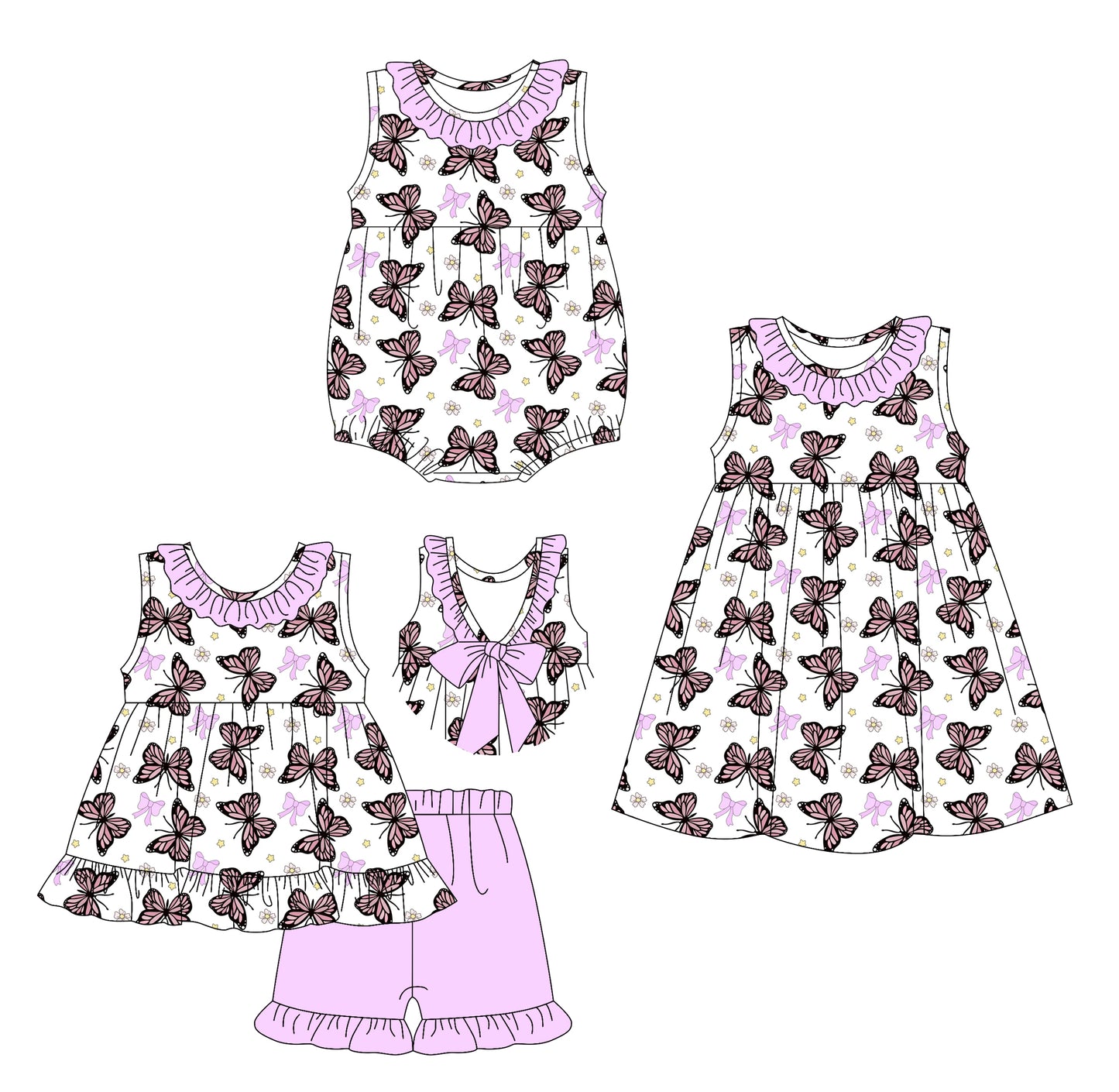 3.1 custom each style moq 5eta 4-6week Sibling Sister butterfly baby girl short sleeve shorts sets and dress and rompers match family design