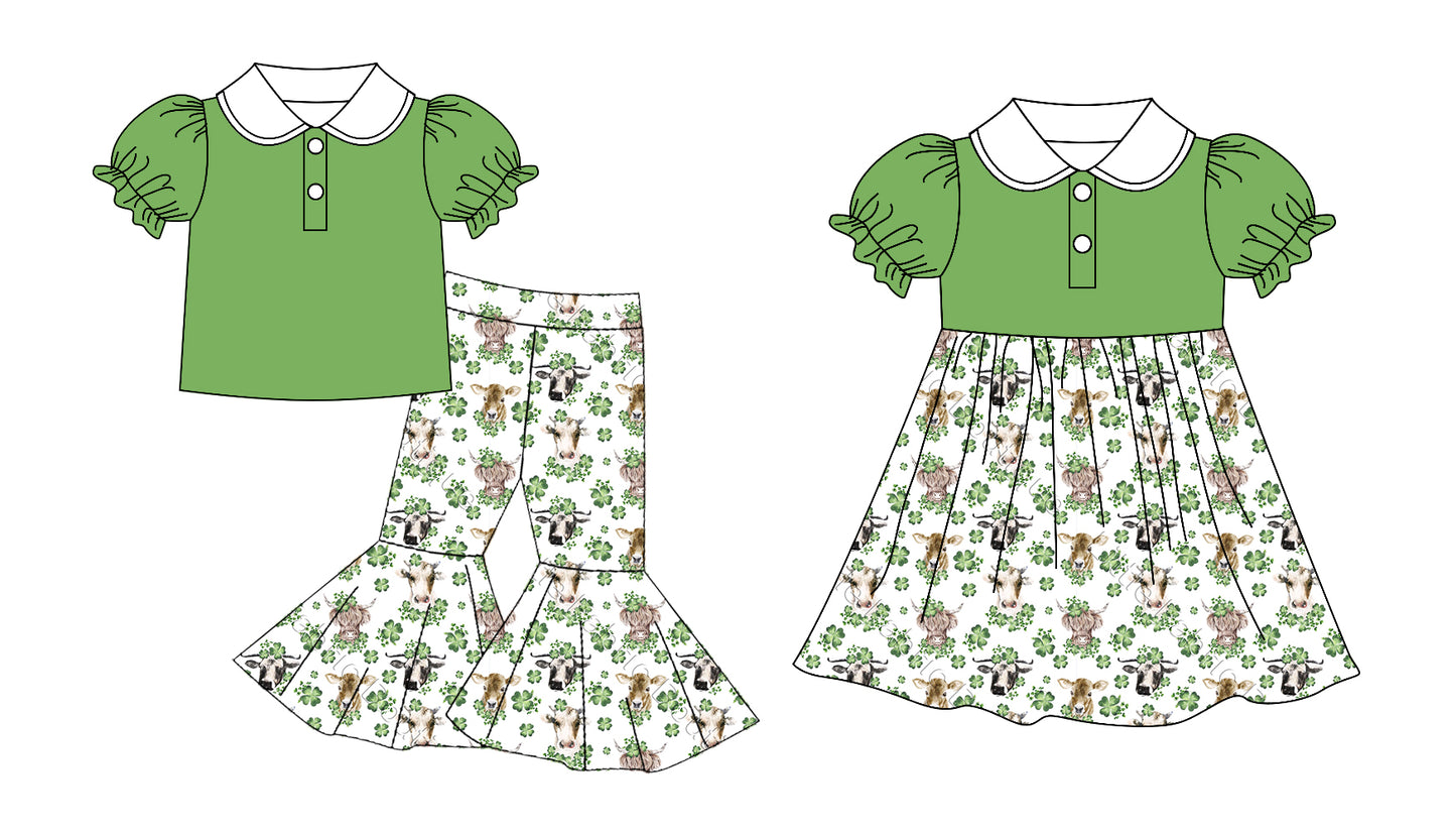 11.13 custom each style moq 5eta 4-6week Sibling Sister cow head green baby girls sets and dress match family design