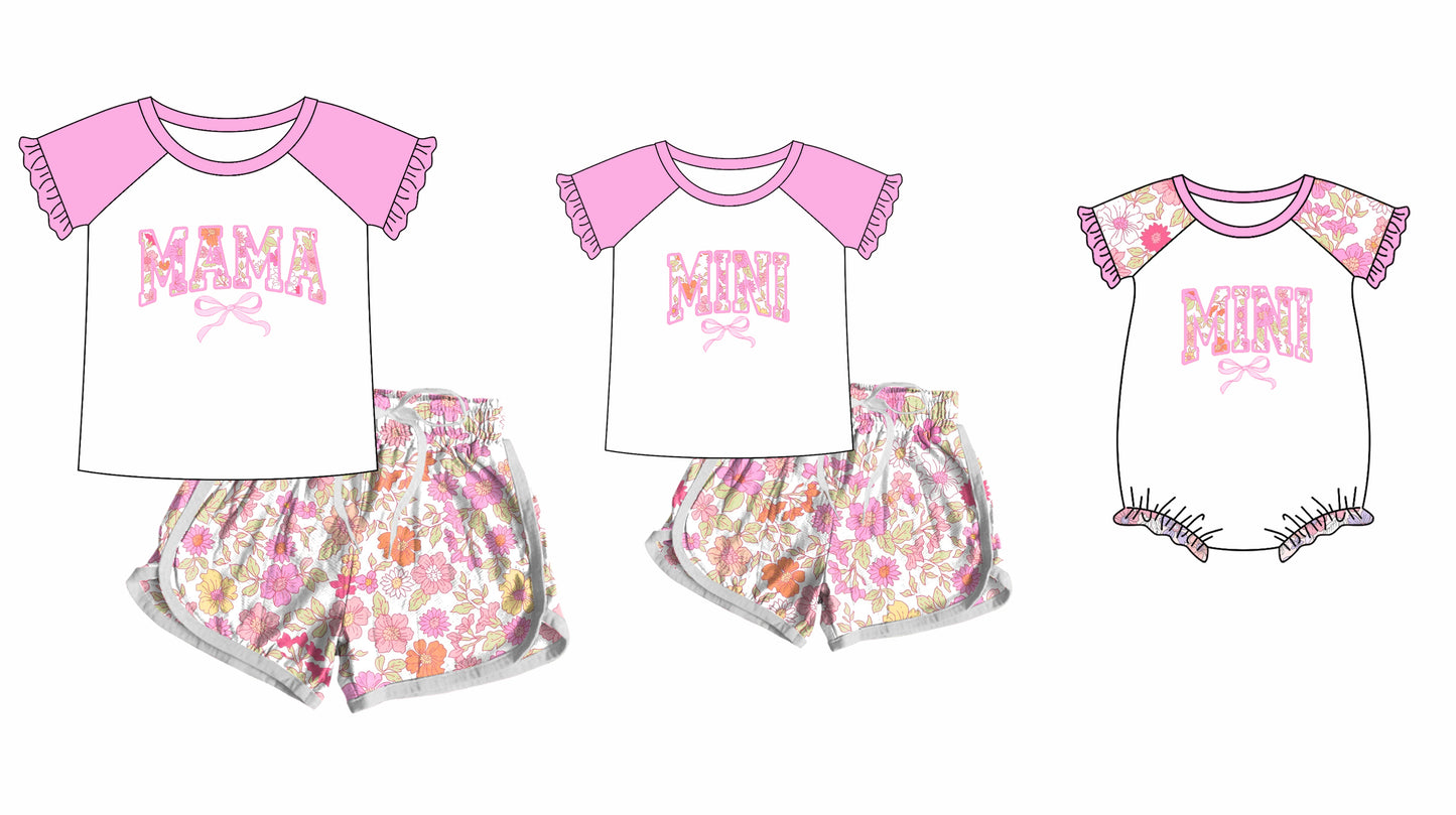 12.10 custom each style moq 5eta 4-6week Sibling Sister Mini floral baby girls short sleeve shorts sets and adult sets and romper match design