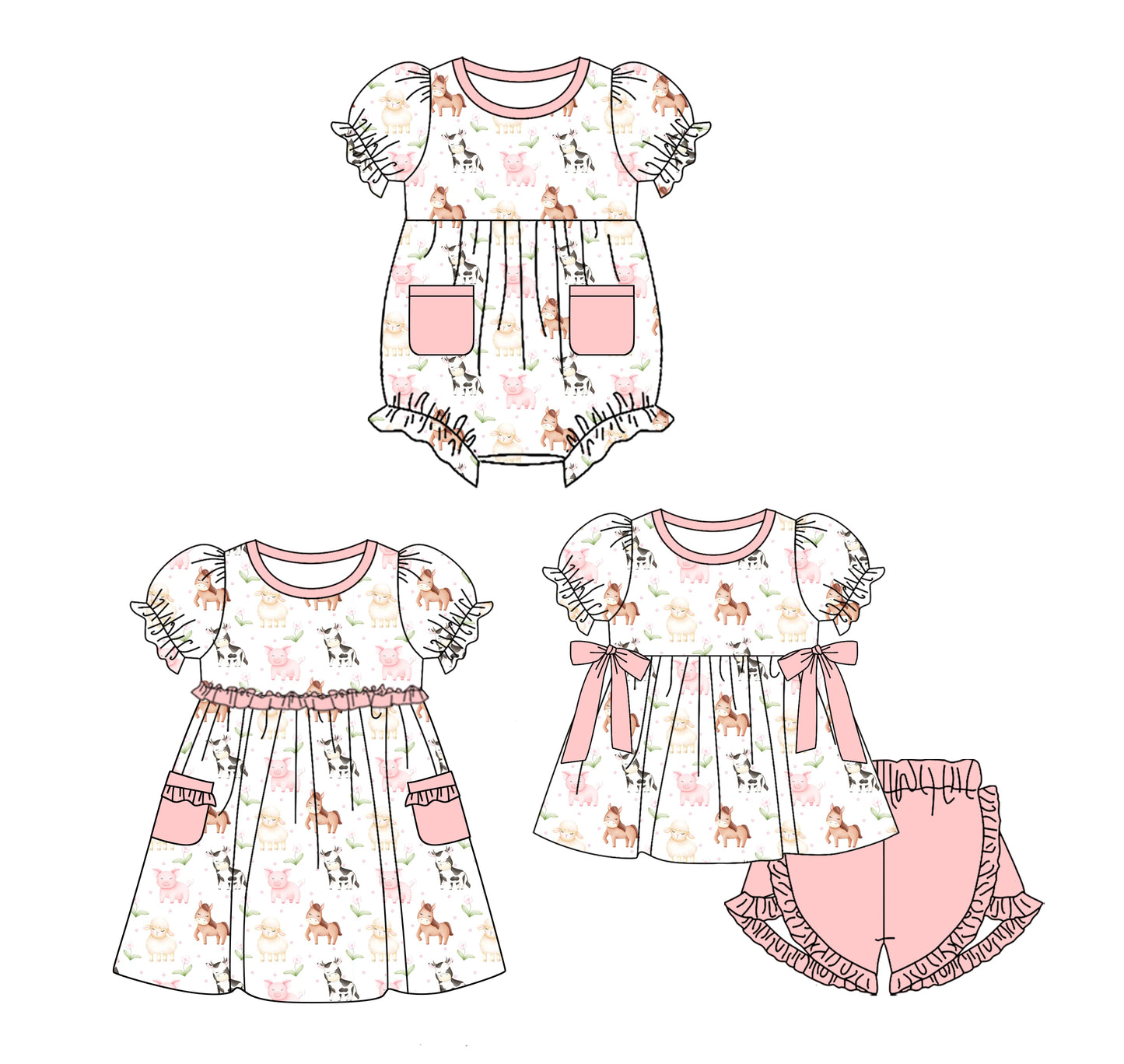 3.24 custom each style moq 5eta 4-6week Sibling Sisters animal baby girl short sleeve shorts sets and dress and rompers match family design