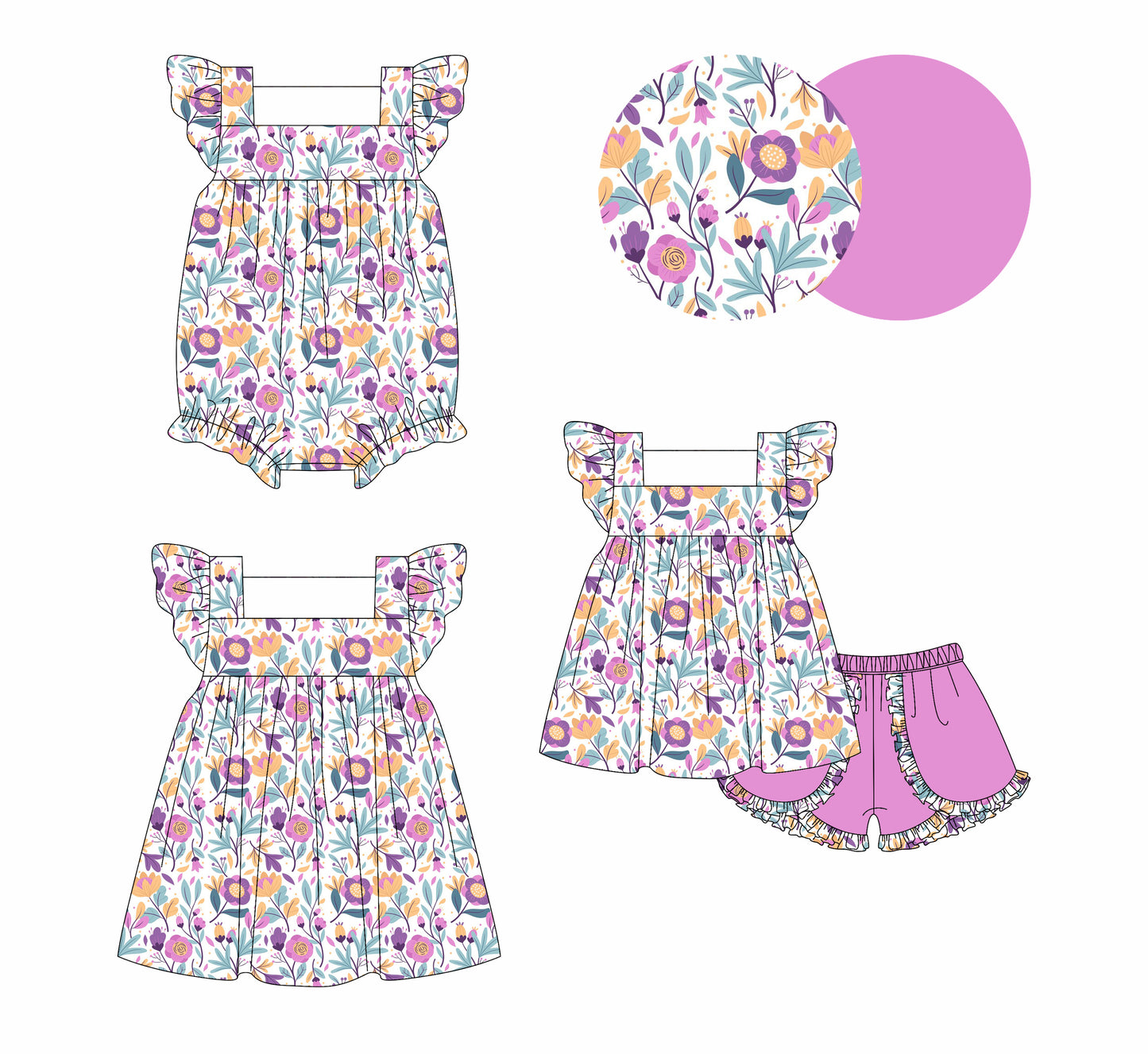 4.7 custom each style moq 5eta 4-6week Sibling Sisters floral baby girl short sleeve shorts sets and dress and rompers match family design