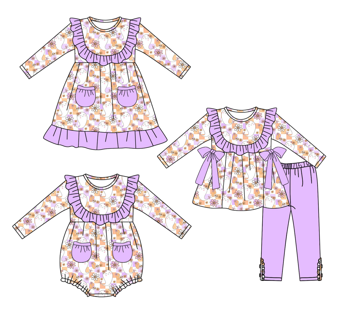 25.5.12 custom each style moq 5eta 4-6week Sibling Sisters ghost floral baby girl long sleeve pants sets and dress and rompers match family design