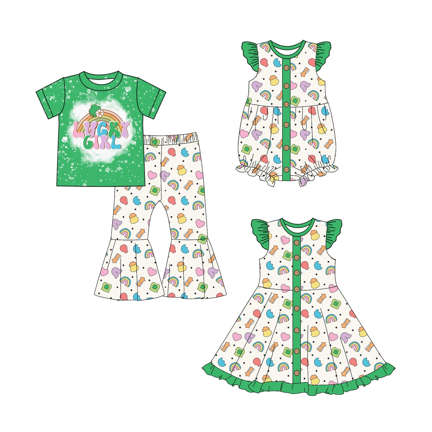 25.10.1 custom each style moq 8 eta 6-8week Sibling Sisters LUCKY baby girl short sleeve pants sets and dress and rompers match family design