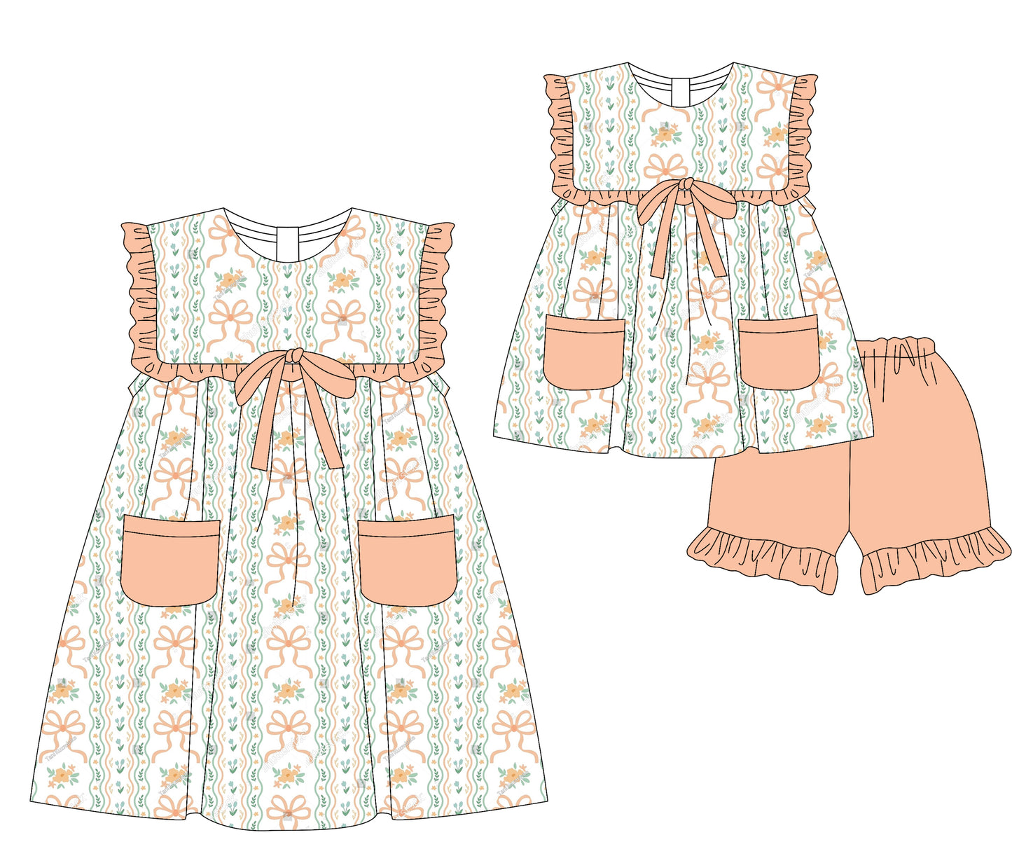 3.5 custom each style moq 5eta 4-6week Sibling Sister floral bow baby girl short sleeve shorts sets and dresses match design