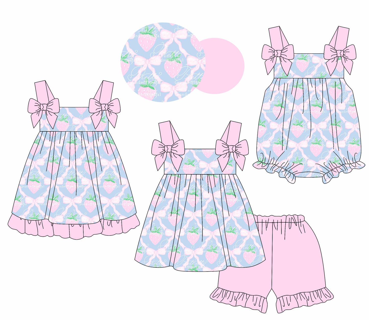 2.28 custom each style moq 5eta 4-6week Sibling Sister bow strawberry baby girl short sleeve shorts sets and dress and rompers match family design