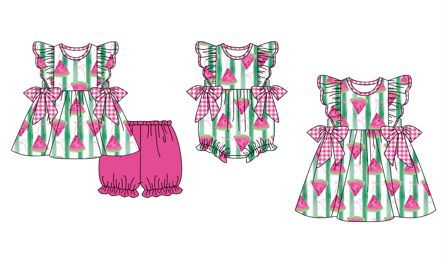 12.19 custom each style moq 5eta 4-6week Sibling Sister watermelon baby girl short sleeve shorts sets and dress and rompers match family design