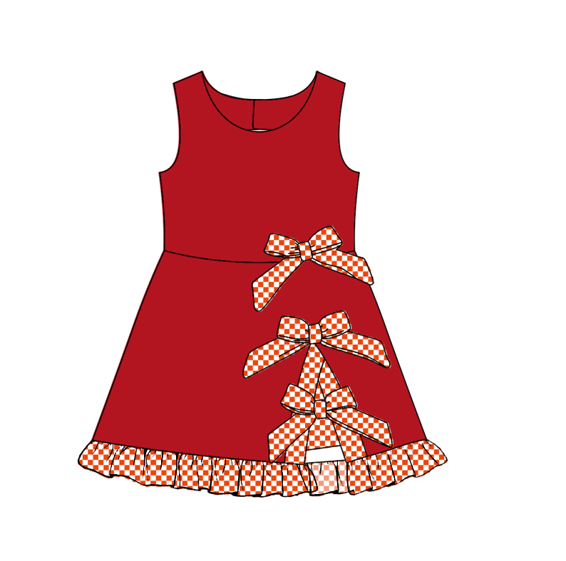 custom moq 5 mix size Baby Girls Sleeveless Checked Bow Yoga Scallop Knee Length Ruffle Dress