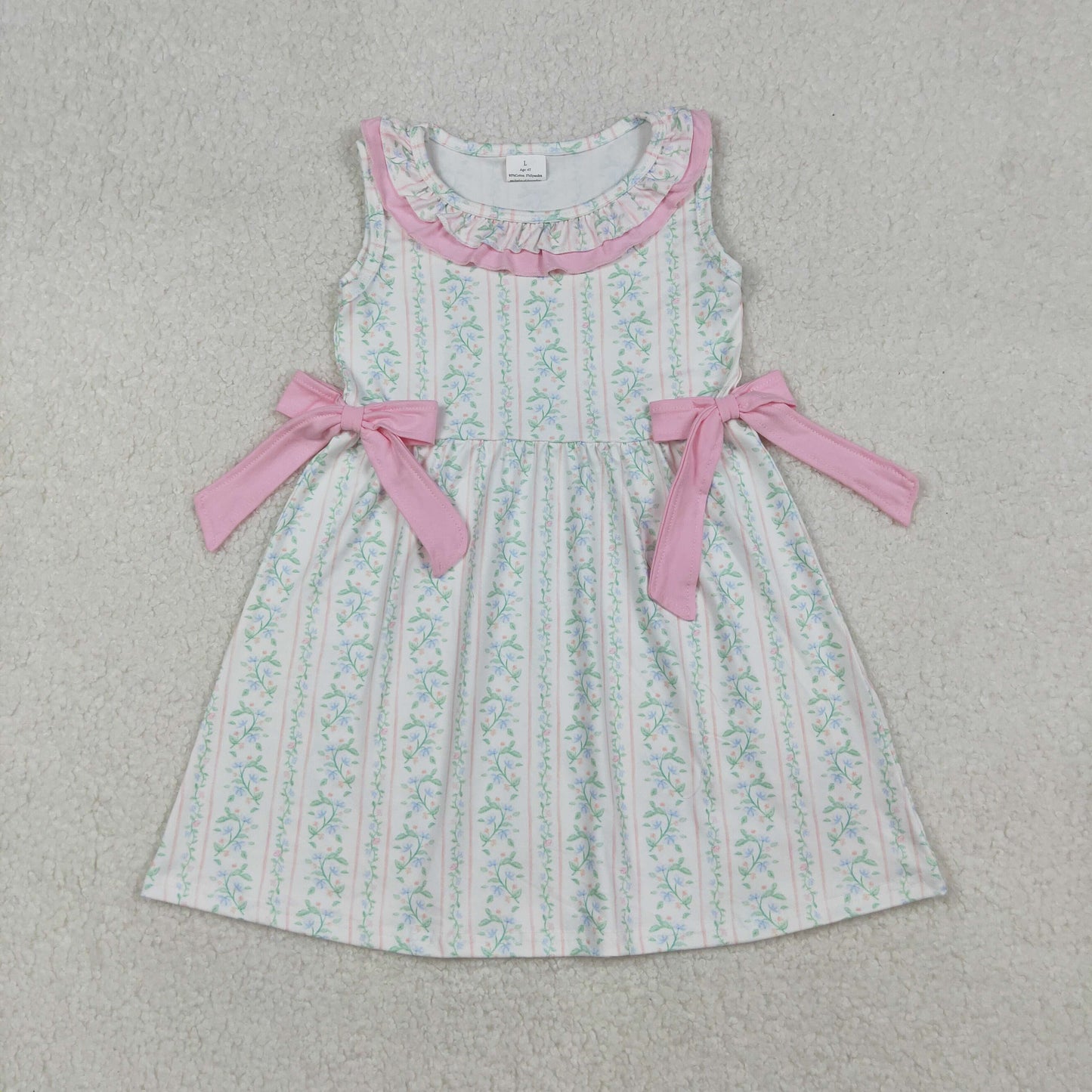 RTS NO MOQ(In Stock)GSD2678 Flower and Leaf Pink Lace Bow Sleeveless Dress