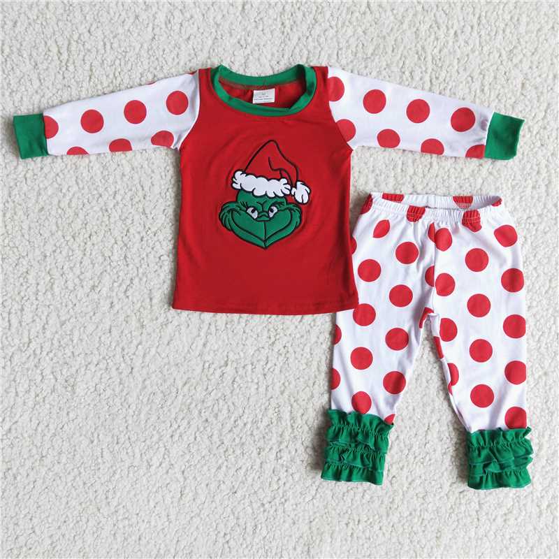 RTS NO MOQ(In Stock ) 6 A0-5 Embroidered Christmas long sleeve pants set