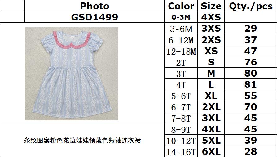 RTS NO MOQ ETA 5/7days Arrived GSD1499 Striped pattern pink lace baby collar blue short-sleeved dress