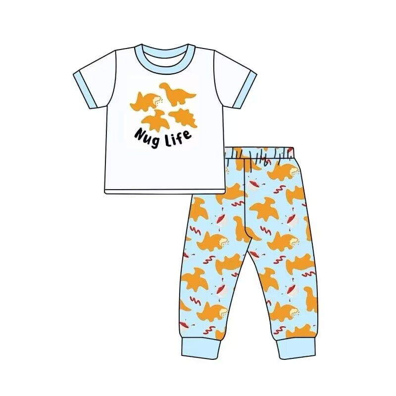 Deadline September 4 custom no moq eta 6-7weeks Short-sleeved dinosaur blue and white suit