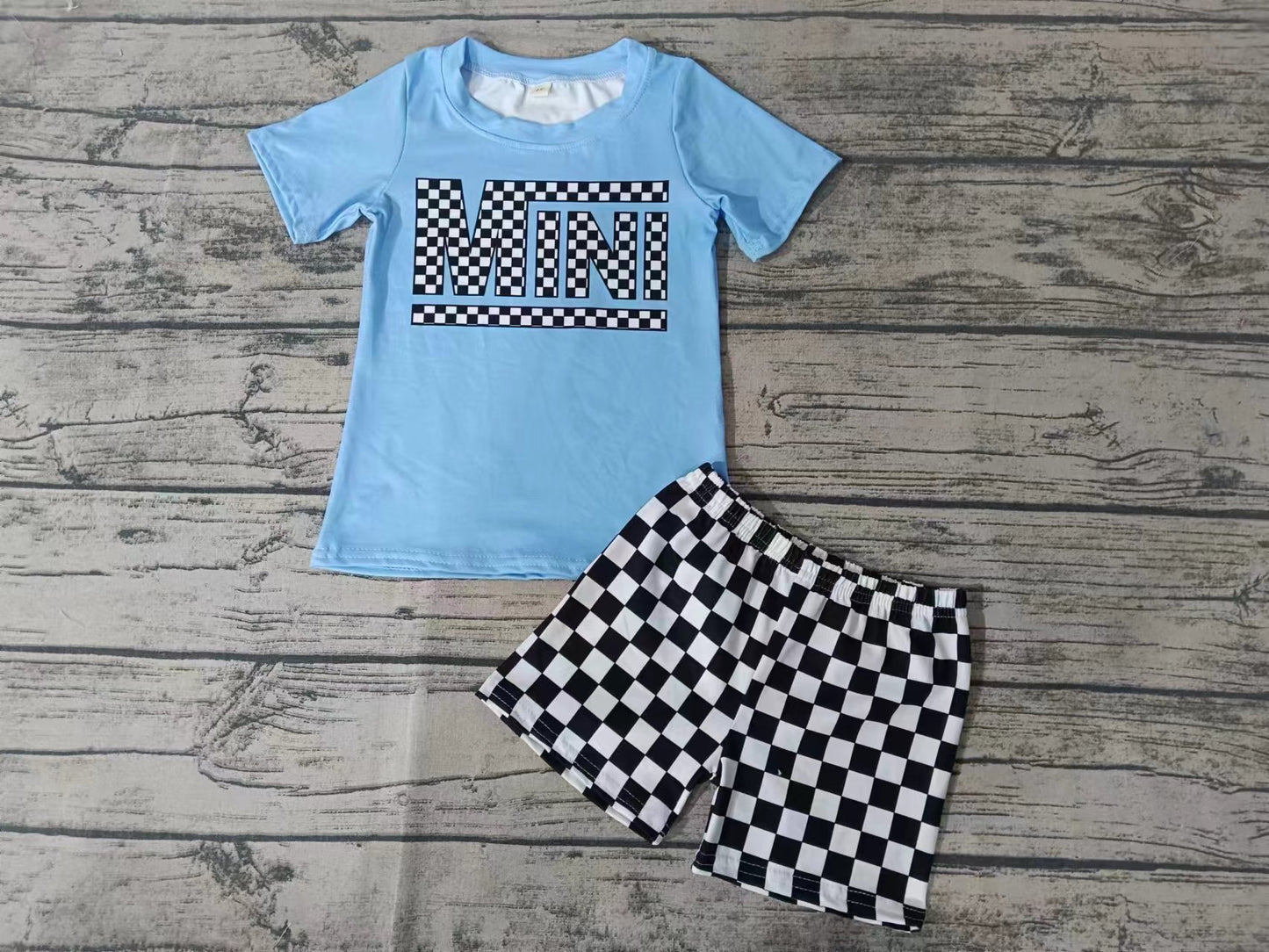 custom moq 5 eta 5weeks summer baby boys clothes MINI blue short sleeve black and white grid shorts Set