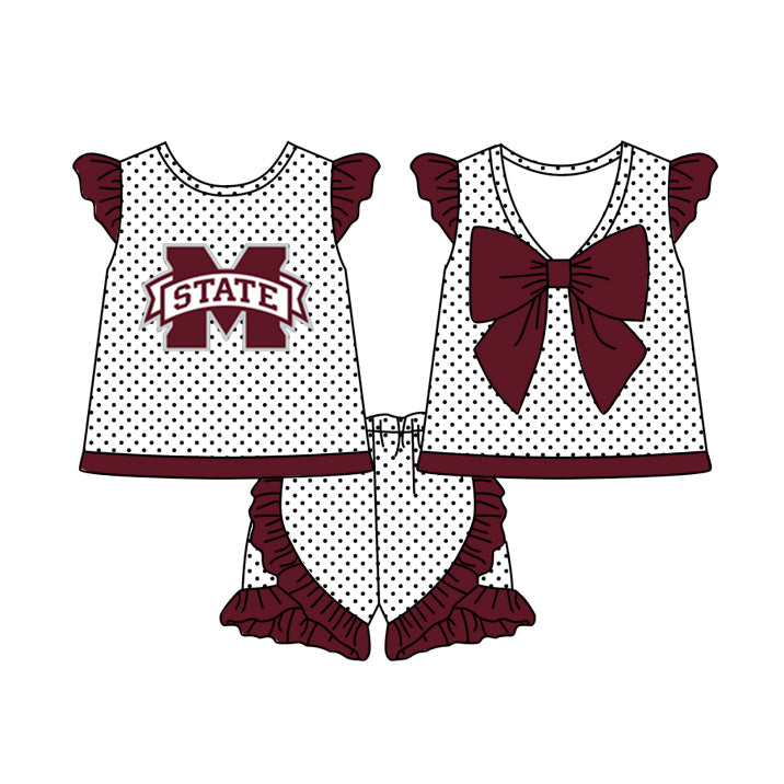 Deadline November 2 custom no moq eta 6-8weeks Maroon M-Bow Polka Dot Flying Sleeve Top-Pleated Shorts Set