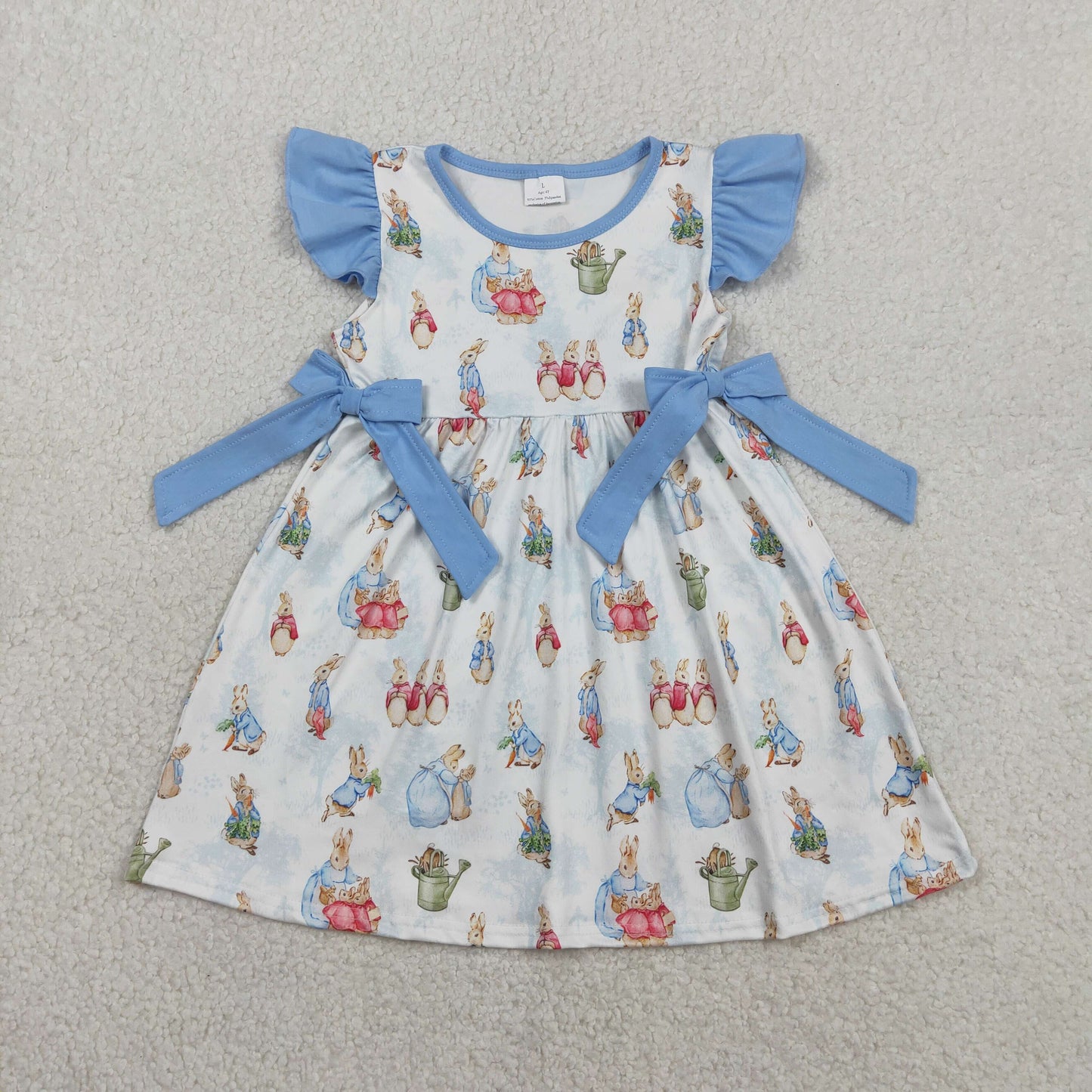 RTS NO MOQ(In Stock ) GSD3452 Easter Bunny Blue Bow White Flutter Sleeve Dress