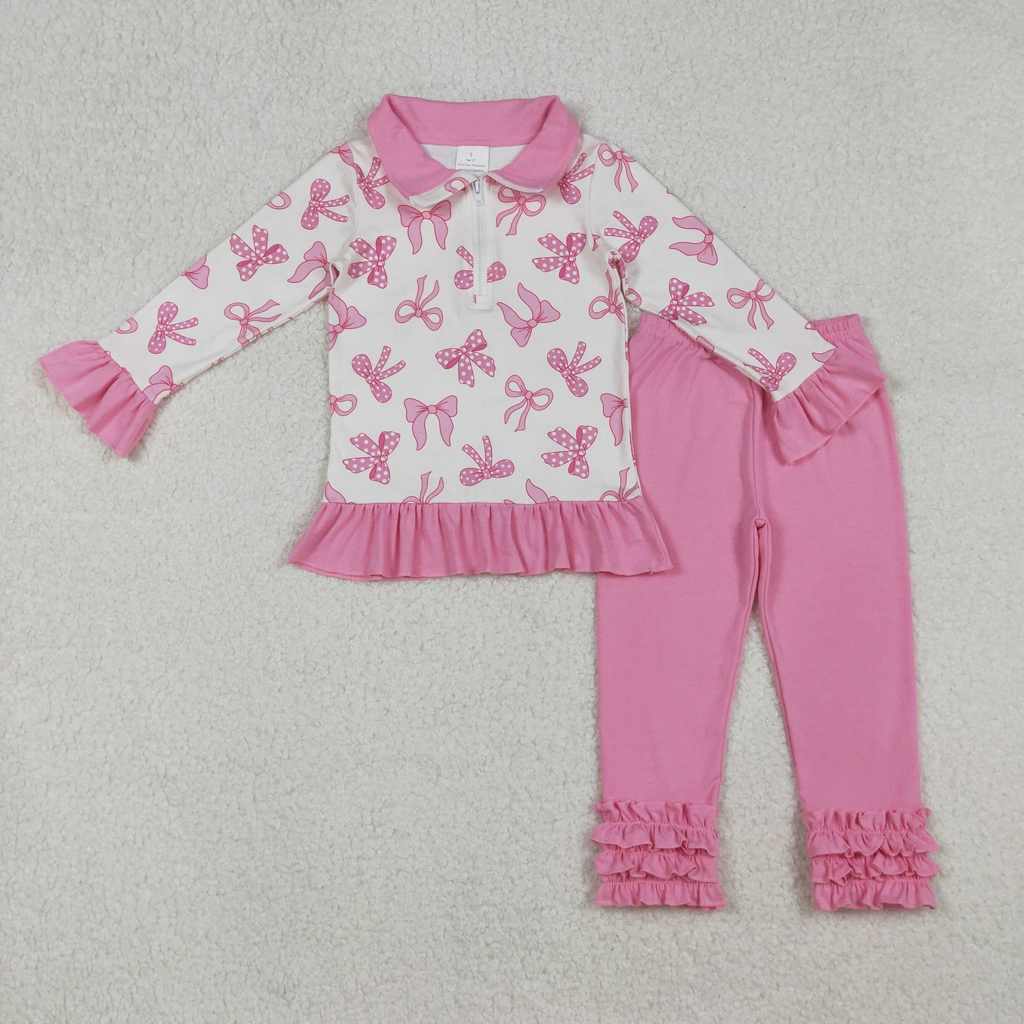 RTS NO MOQ(In Stock) GLP2778 Beige long-sleeved pant suit with pink lace and bow pattern and zipper