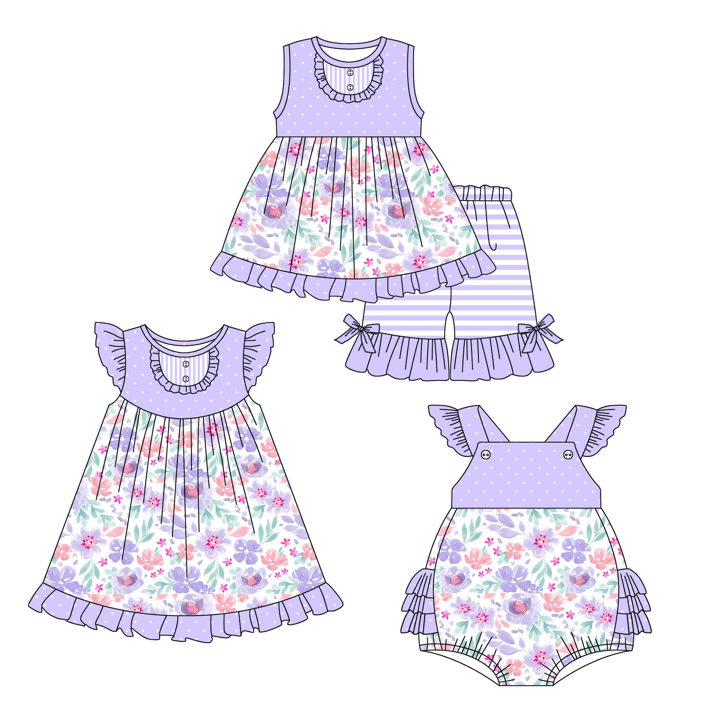 2.18 custom each style moq 5eta 4-6week Sibling Sisters floral baby girl short sleeve shorts sets and dress and rompers match family design