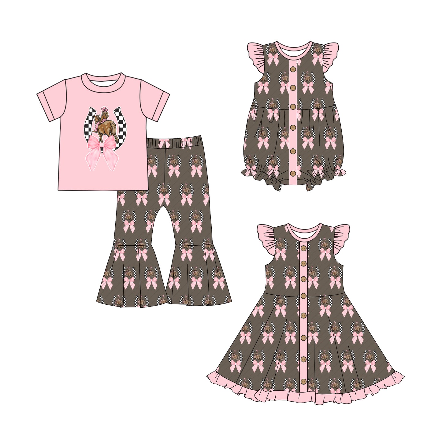 12.25 custom each style moq 5eta 4-6week Sibling Sister riding horse bow baby girl sets and dress and rompers match family design