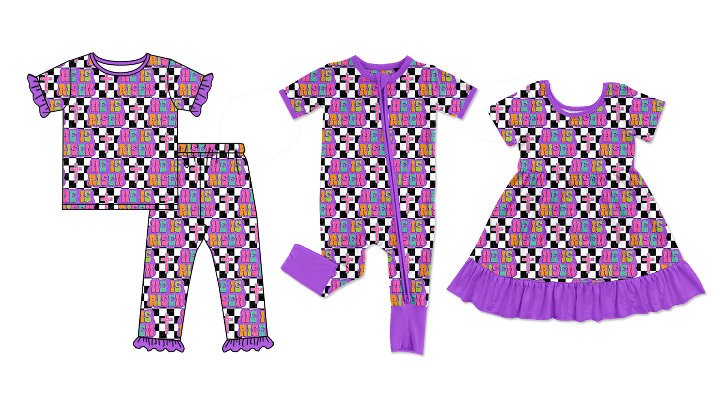 25.10.30 custom each style moq 5 eta 6-8week Sibling Sisters HE IS RISEN baby girl short sleeve pants sets and dress and rompers match family design