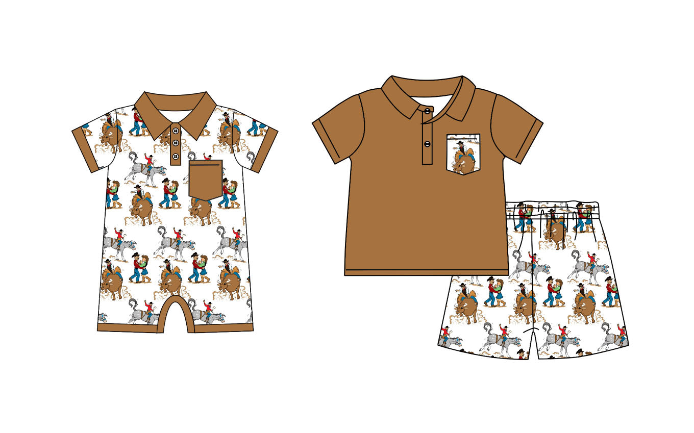 12.16 custom each style moq 5eta 4-6week Sibling Sister riding horse baby boy short sleeve shorts sets and rompers match design