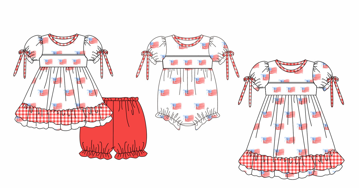 11.25 custom each style moq 5eta 4-6week Sibling Sister 4th of july baby girl short sleeve shorts sets and dress and rompers match family design