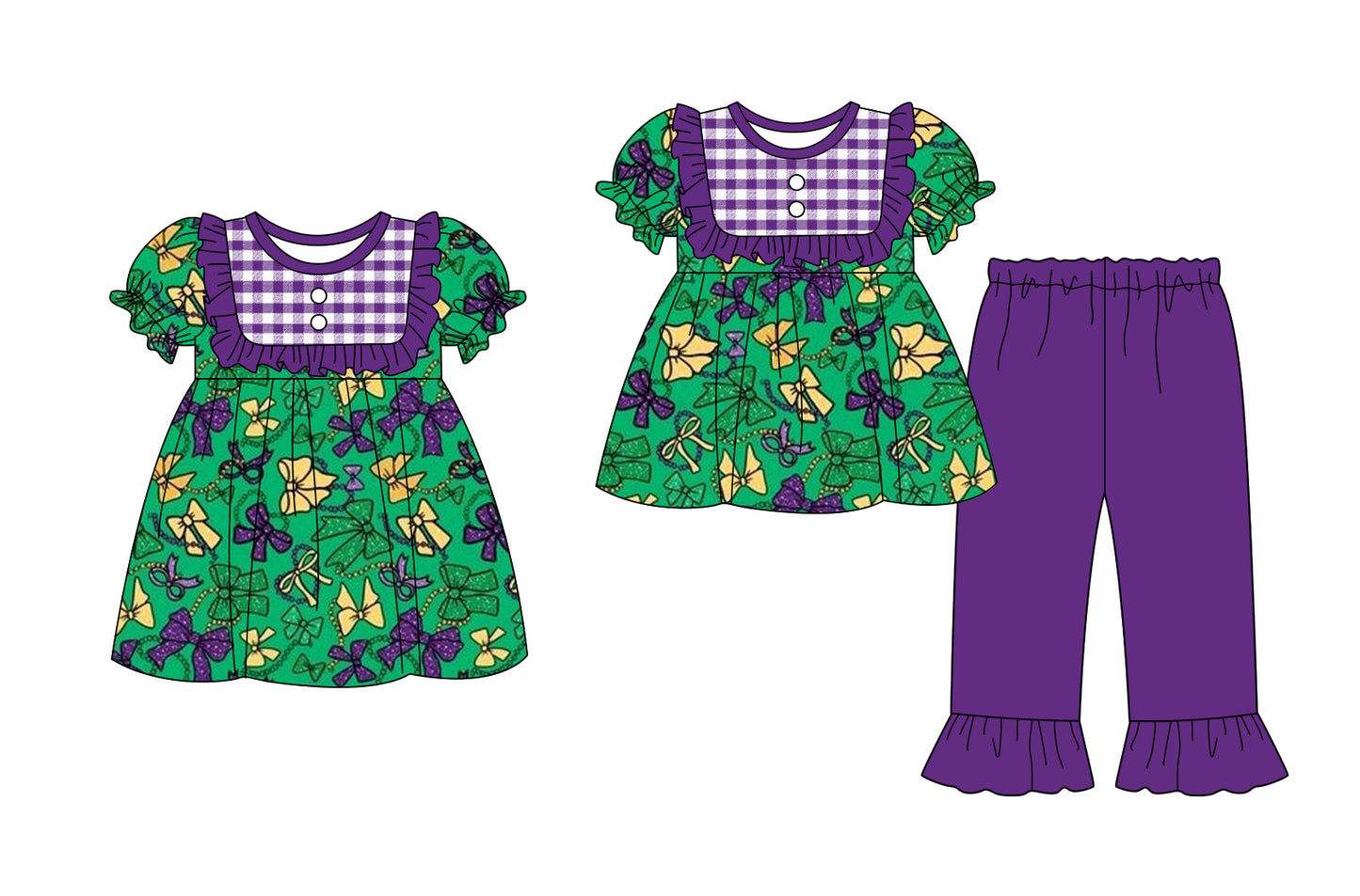 25.9.16 custom each style moq 5eta 6-8week Sibling Sisters mardi gras bow purple baby girl short sleeve pants sets and dress match family design