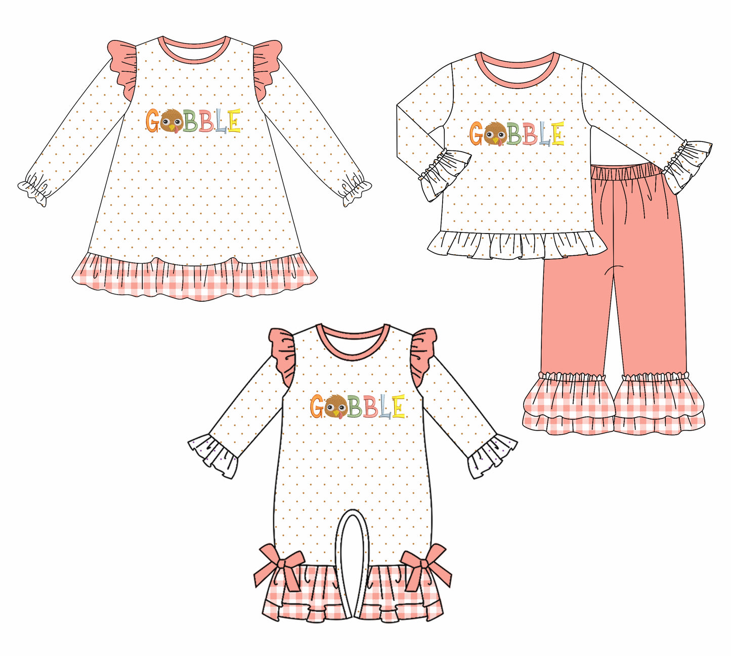 25.7.10 custom each style moq 5eta 4-6week Sibling Sisters GOBBLE baby girl long sleeve pants sets and dress and rompers match family design