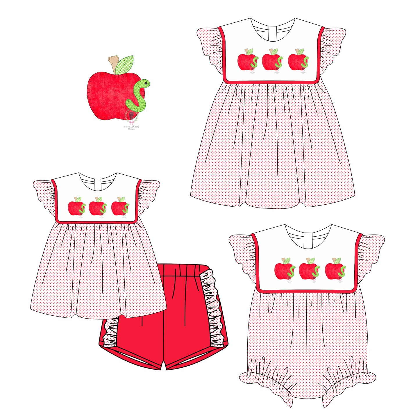 3.6 custom each style moq 5eta 4-6week Sibling Sisters apple bow baby girl short sleeve shorts sets and dress and rompers match family design
