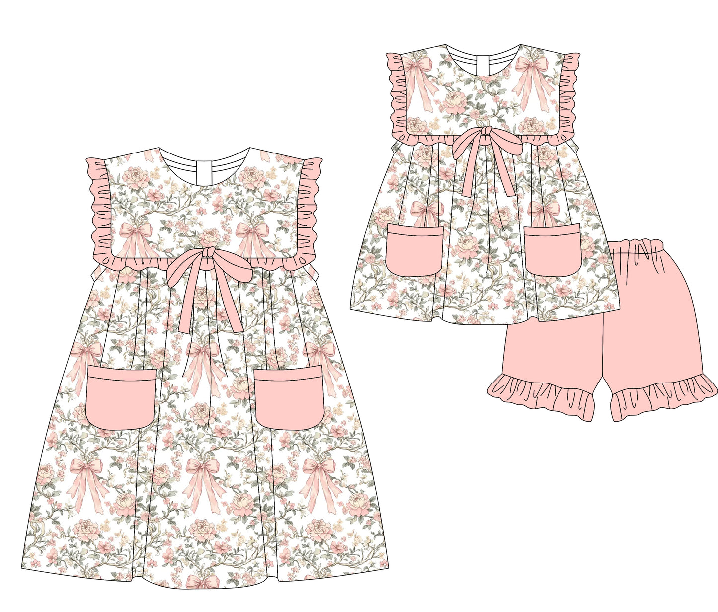 3.5 custom each style moq 5eta 4-6week Sibling Sister floral bow baby girl short sleeve shorts sets and dresses match design
