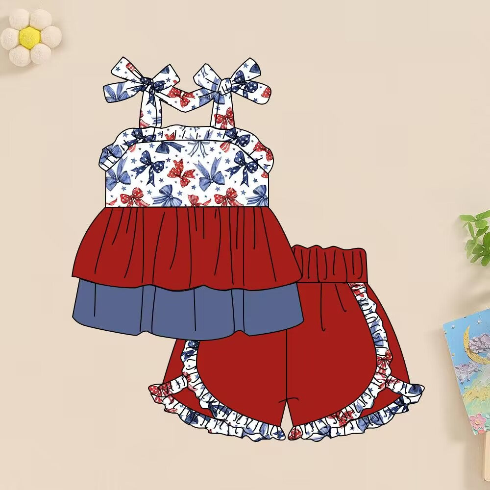 custom moq 5 eta 4-5 weeks baby girls clothes bow suspender girls red summer outfit